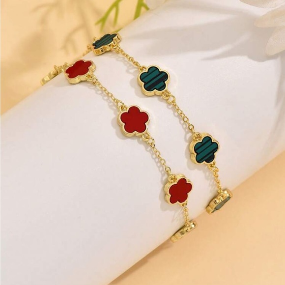 Five Petals Floral Copper Bracelet Duo in Red & Green - Picture 1 of 3